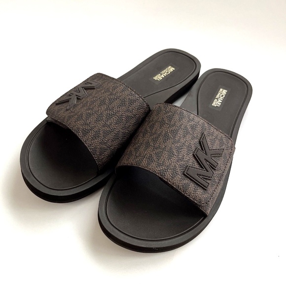 NWB MICHAEL KORS Hook and Loop MK Signature Slide Sandal Size 10 Brown - Picture 1 of 7